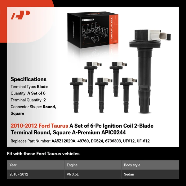 2010-2012 Ford Taurus A Set of 6-Pc Ignition Coil 2-Blade Terminal Round, Square A-Premium APIC0244