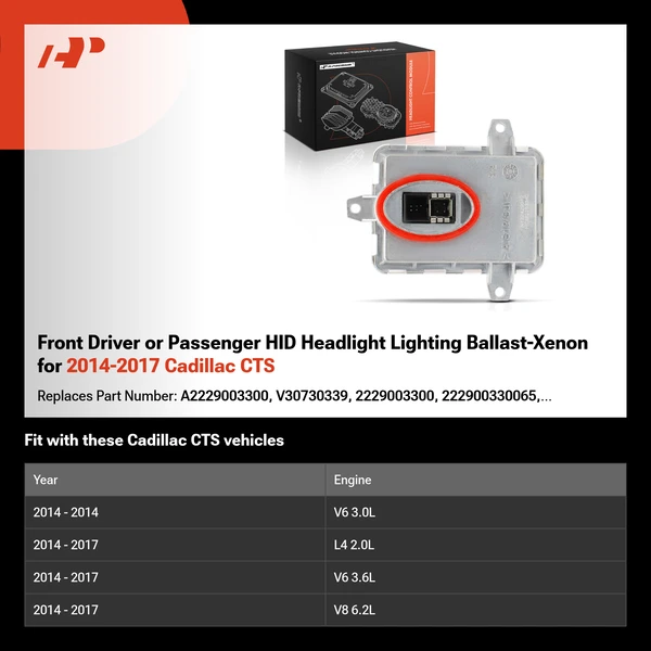 Front Driver or Passenger HID Headlight Lighting Ballast-Xenon for 2014-2017 Cadillac CTS