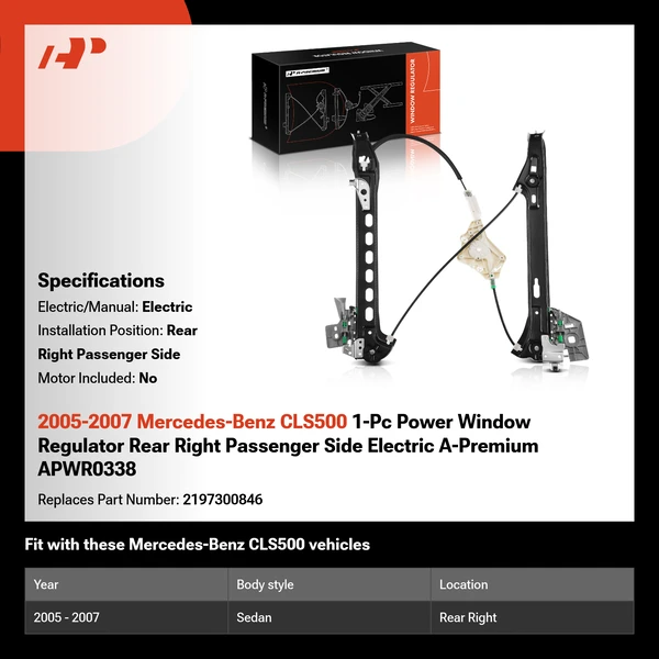 2005-2007 Mercedes-Benz CLS500 1-Pc Power Window Regulator Rear Right Passenger Side Electric A-Premium APWR0338