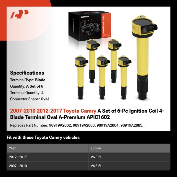 2007-2010 2012-2017 Toyota Camry A Set of 6-Pc Ignition Coil 4-Blade Terminal Oval A-Premium APIC1602