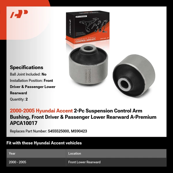 2000-2005 Hyundai Accent 2-Pc Suspension Control Arm Bushing, Front Driver & Passenger Lower Rearward A-Premium APCA10017