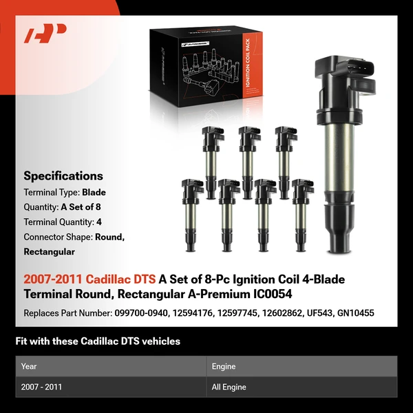 2007-2011 Cadillac DTS A Set of 8-Pc Ignition Coil 4-Blade Terminal Round, Rectangular A-Premium IC0054