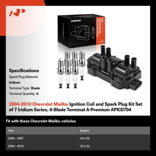 2004-2010 Chevrolet Malibu Ignition Coil and Spark Plug Kit Set of 7 Iridium Series, 6-Blade Terminal A-Premium APIC0704