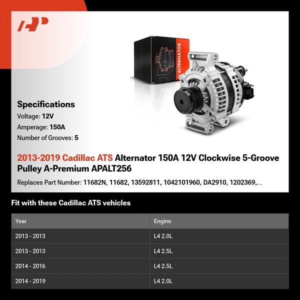 2013-2019 Cadillac ATS Alternator 150A 12V Clockwise 5-Groove Pulley A-Premium APALT256