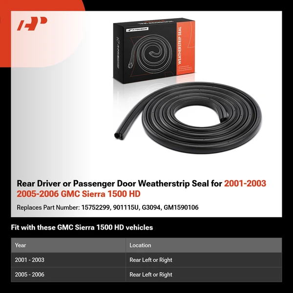 Rear Driver or Passenger Door Weatherstrip Seal for 2001-2003 2005-2006 GMC Sierra 1500 HD