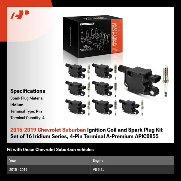 2015-2019 Chevrolet Suburban Ignition Coil and Spark Plug Kit Set of 16 Iridium Series, 4-Pin Terminal A-Premium APIC0855