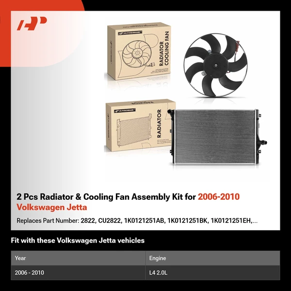 2 Pcs Radiator & Cooling Fan Assembly Kit for 2006-2010 Volkswagen Jetta