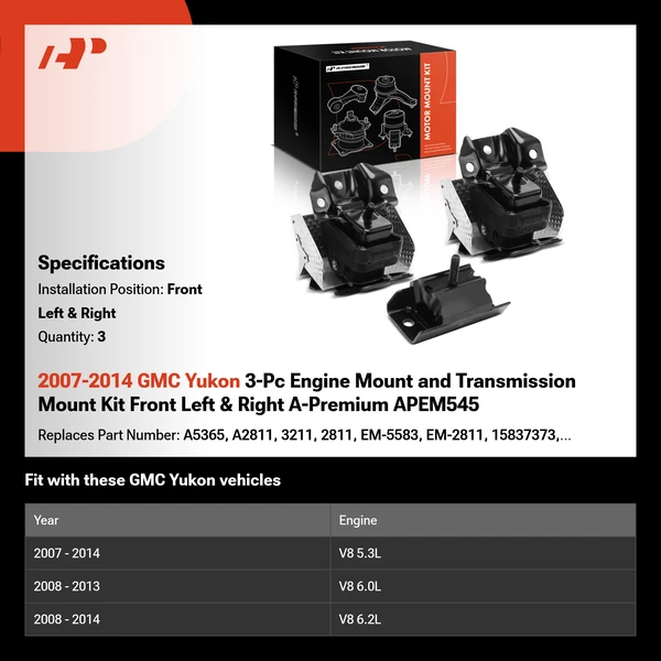 2007-2014 GMC Yukon 3-Pc Engine Mount and Transmission Mount Kit Front Left & Right A-Premium APEM545