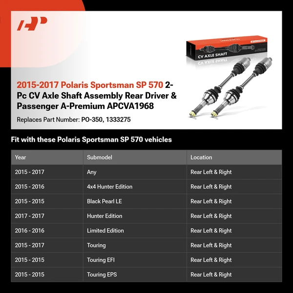 2015-2017 Polaris Sportsman SP 570 2-Pc CV Axle Shaft Assembly Rear Driver & Passenger A-Premium APCVA1968