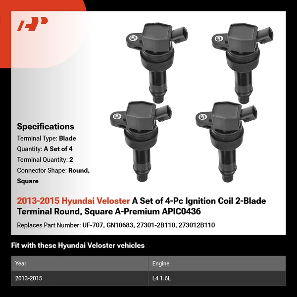 2013-2015 Hyundai Veloster A Set of 4-Pc Ignition Coil 2-Blade Terminal Round, Square A-Premium APIC0436