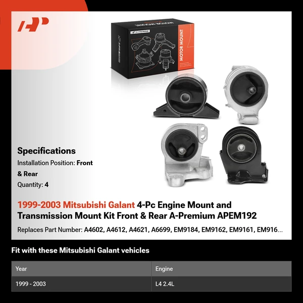 1999-2003 Mitsubishi Galant 4-Pc Engine Mount and Transmission Mount Kit Front & Rear A-Premium APEM192