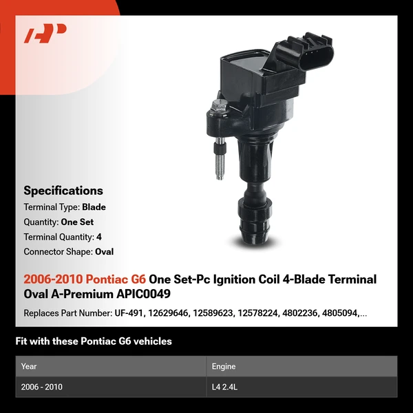 2006-2010 Pontiac G6 One Set-Pc Ignition Coil 4-Blade Terminal Oval A-Premium APIC0049