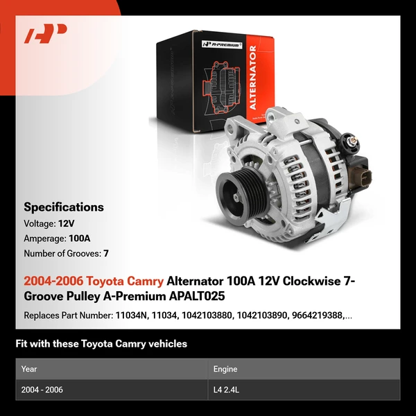 2004-2006 Toyota Camry Alternator 100A 12V Clockwise 7-Groove Pulley A-Premium APALT025