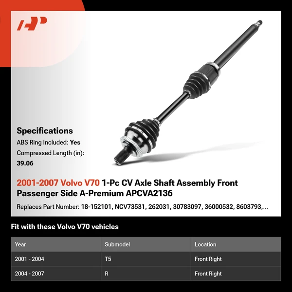 2001-2007 Volvo V70 1-Pc CV Axle Shaft Assembly Front Passenger Side A-Premium APCVA2136