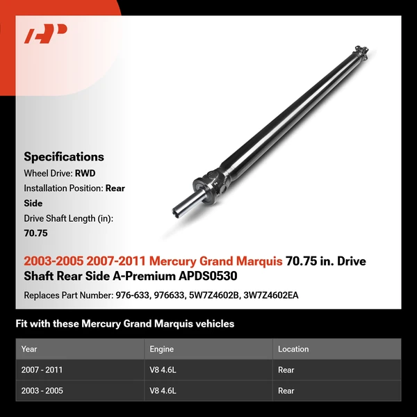 2003-2005 2007-2011 Mercury Grand Marquis 70.75 in. Drive Shaft Rear Side A-Premium APDS0530