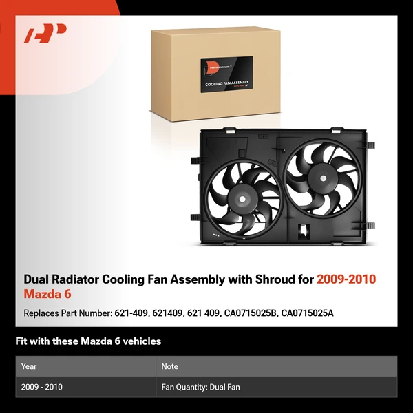 Dual Radiator Cooling Fan Assembly with Shroud for 2009-2010 Mazda 6