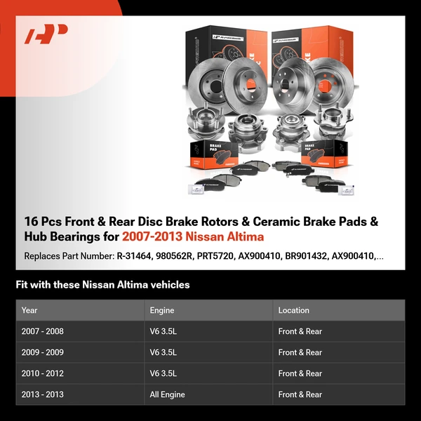 16 Pcs Front & Rear Disc Brake Rotors & Ceramic Brake Pads & Hub Bearings for 2007-2013 Nissan Altima