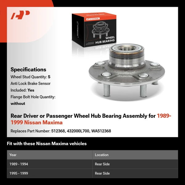 Rear Driver or Passenger Wheel Hub Bearing Assembly for 1989-1999 Nissan Maxima