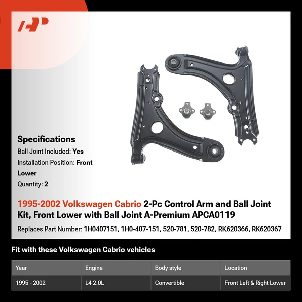 1995-2002 Volkswagen Cabrio 2-Pc Control Arm and Ball Joint Kit, Front Lower with Ball Joint A-Premium APCA0119