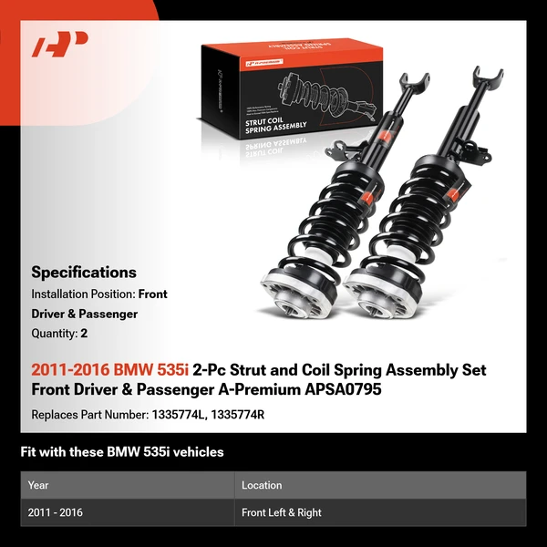 2011-2016 BMW 535i 2-Pc Strut and Coil Spring Assembly Set Front Driver & Passenger A-Premium APSA0795