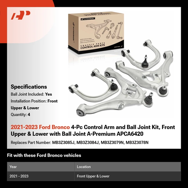 2021-2023 Ford Bronco 4-Pc Control Arm and Ball Joint Kit, Front Upper & Lower with Ball Joint A-Premium APCA6420