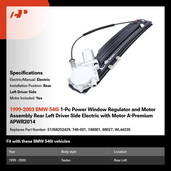 1999-2003 BMW 540i 1-Pc Power Window Regulator and Motor Assembly Rear Left Driver Side Electric with Motor A-Premium APWR2014