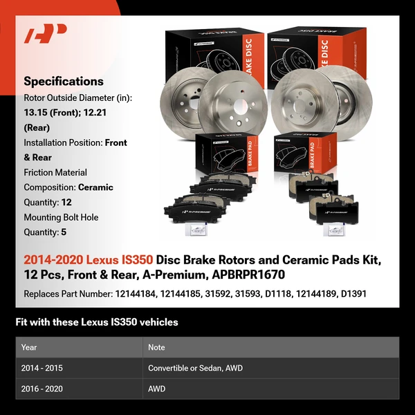2014-2020 Lexus IS350 Disc Brake Rotors and Ceramic Pads Kit, 12 Pcs, Front & Rear, A-Premium, APBRPR1670