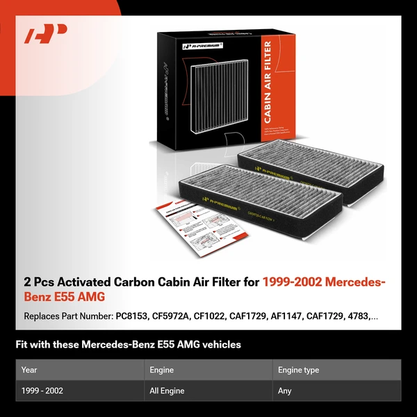2 Pcs Activated Carbon Cabin Air Filter for 1999-2002 Mercedes-Benz E55 AMG