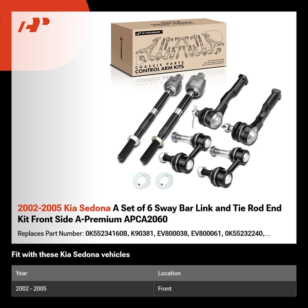 2002-2005 Kia Sedona A Set of 6 Sway Bar Link and Tie Rod End Kit Front Side A-Premium APCA2060