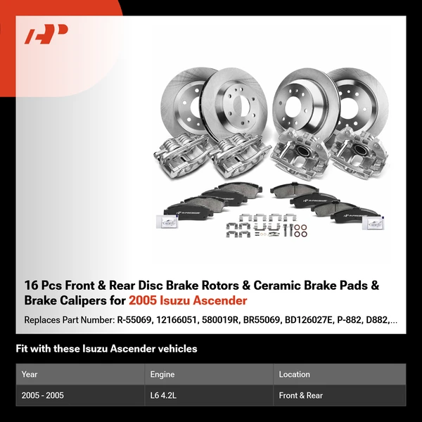 16 Pcs Front & Rear Disc Brake Rotors & Ceramic Brake Pads & Brake Calipers for 2005 Isuzu Ascender