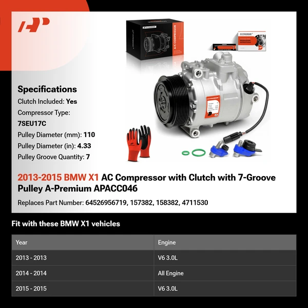 2013-2015 BMW X1 AC Compressor with Clutch with 7-Groove Pulley A-Premium APACC046