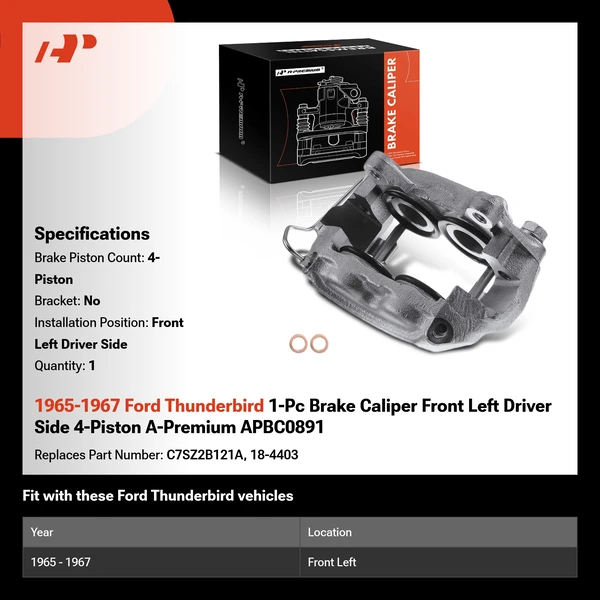 1965-1967 Ford Thunderbird 1-Pc Brake Caliper Front Left Driver Side 4-Piston A-Premium APBC0891