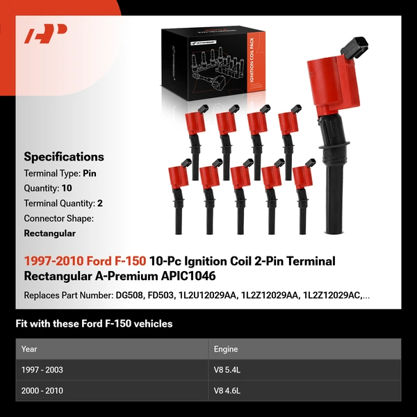 1997-2010 Ford F-150 A Set of 10-Pc Ignition Coil 2-Blade Terminal Rectangular A-Premium APIC1046