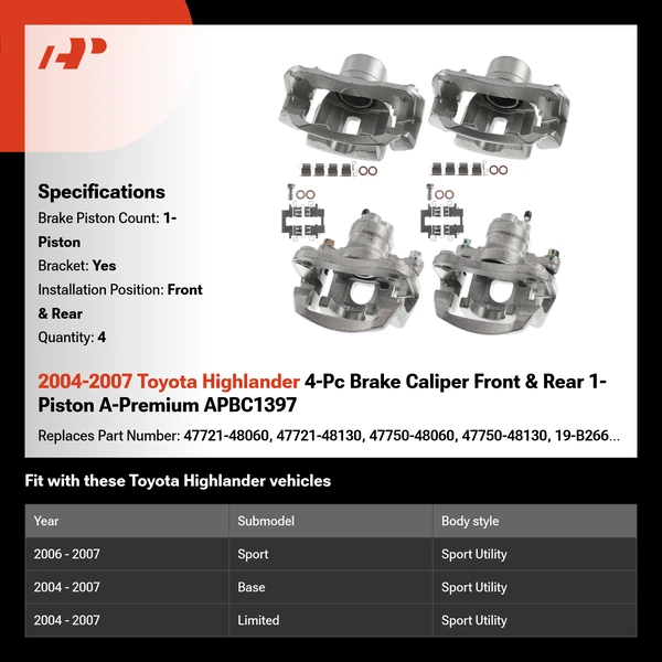 2004-2007 Toyota Highlander 4-Pc Brake Caliper Front & Rear 1-Piston A-Premium APBC1397