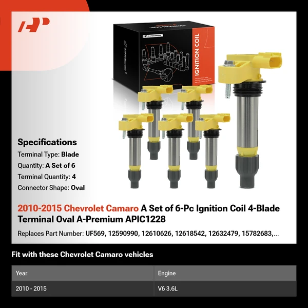 2010-2015 Chevrolet Camaro A Set of 6-Pc Ignition Coil 4-Blade Terminal Oval A-Premium APIC1228
