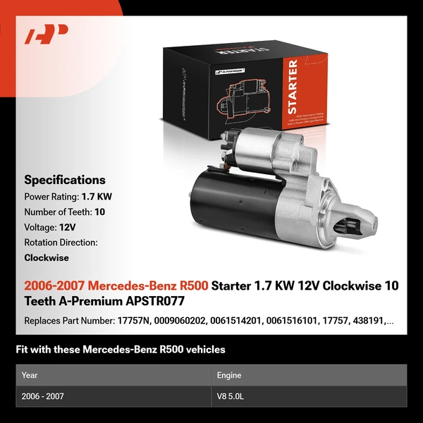 2006-2007 Mercedes-Benz R500 Starter 1.7 KW 12V Clockwise 10 Teeth A-Premium APSTR077