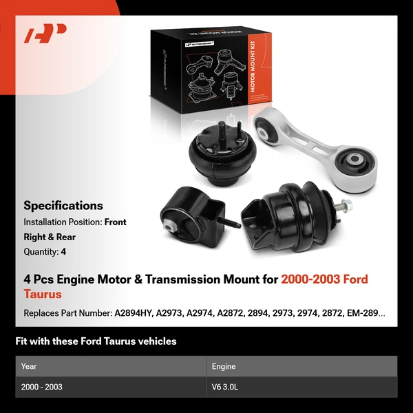 2000-2003 Ford Taurus 4-Pc Engine Mount and Transmission Mount Kit Front Right & Rear A-Premium APEM1047