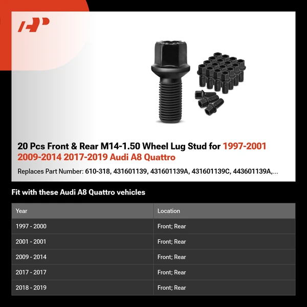 20 Pcs Front & Rear M14-1.50 Wheel Lug Stud for 1997-2001 2009-2014 2017-2019 Audi A8 Quattro