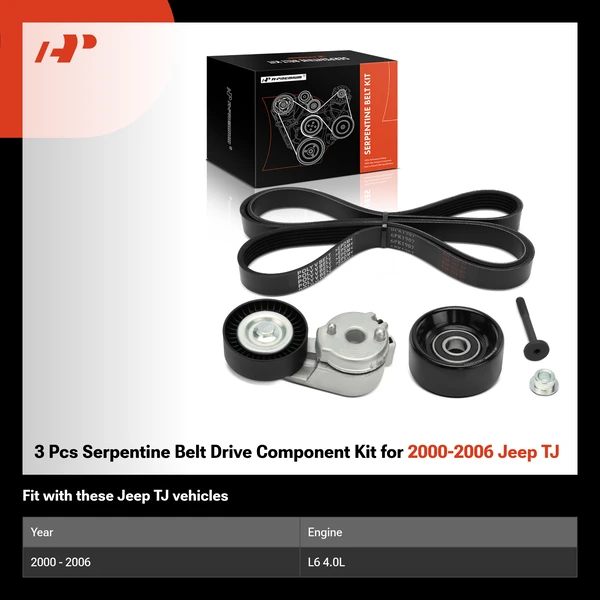 3 Pcs Serpentine Belt Drive Component Kit for 2000-2006 Jeep TJ