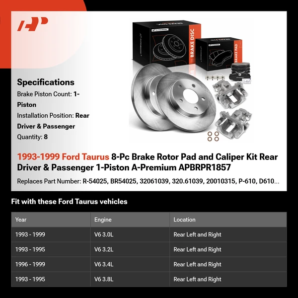 1993-1999 Ford Taurus 8-Pc Brake Rotor Pad and Caliper Kit Rear Driver & Passenger 1-Piston A-Premium APBRPR1857