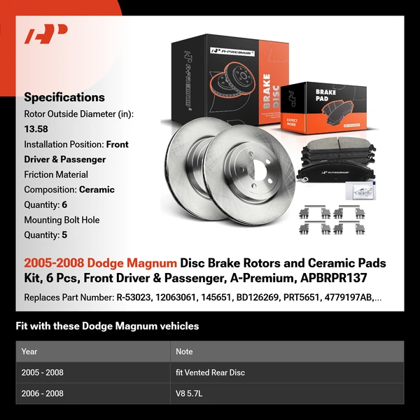 2005-2008 Dodge Magnum Disc Brake Rotors and Ceramic Pads Kit, 6 Pcs, Front Driver & Passenger, A-Premium, APBRPR137