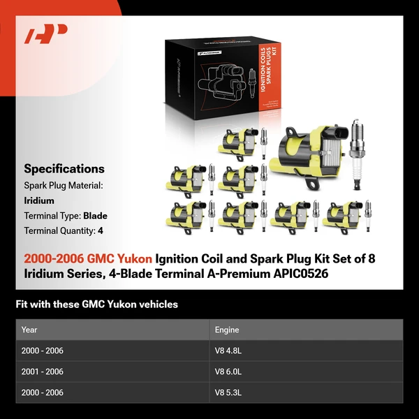 2000-2006 GMC Yukon Ignition Coil and Spark Plug Kit Set of 8 Iridium Series, 4-Blade Terminal A-Premium APIC0526