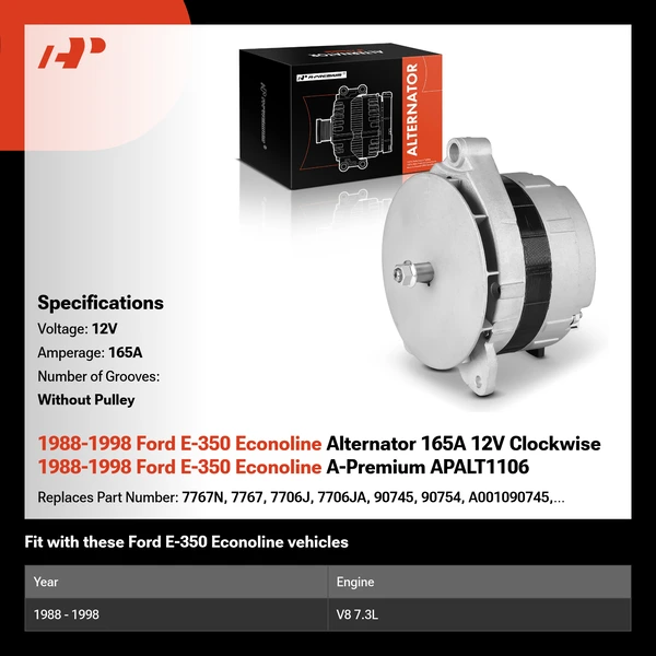 1988-1998 Ford E-350 Econoline Alternator 165A 12V Clockwise 1988-1998 Ford E-350 Econoline A-Premium APALT1106