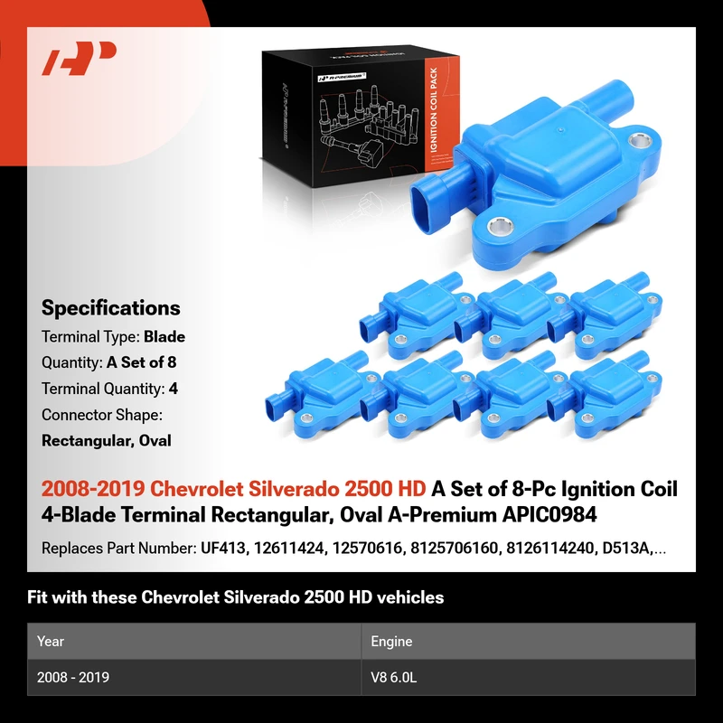 2008-2019 Chevrolet Silverado 2500 HD A Set of 8-Pc Ignition Coil 4-Blade Terminal Rectangular, Oval A-Premium APIC0984