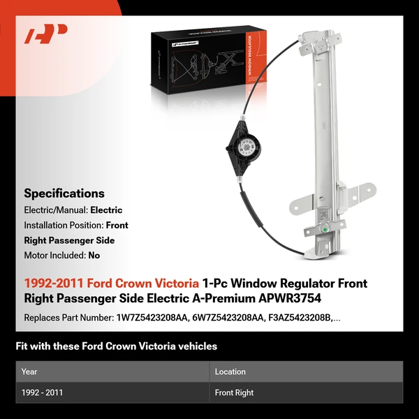 1992-2011 Ford Crown Victoria 1-Pc Window Regulator Front Right Passenger Side Electric A-Premium APWR3754
