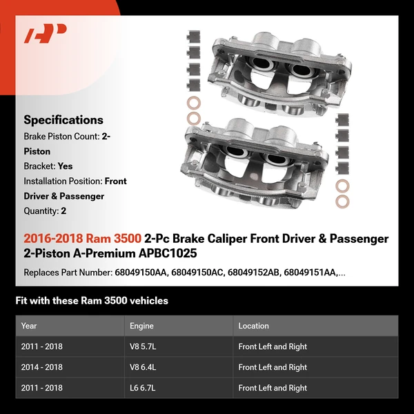 2016-2018 Ram 3500 2-Pc Brake Caliper Front Driver & Passenger 2-Piston A-Premium APBC1025