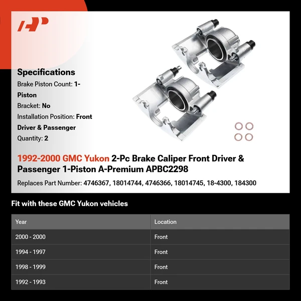 1992-2000 GMC Yukon 2-Pc Brake Caliper Front Driver & Passenger 1-Piston A-Premium APBC2298