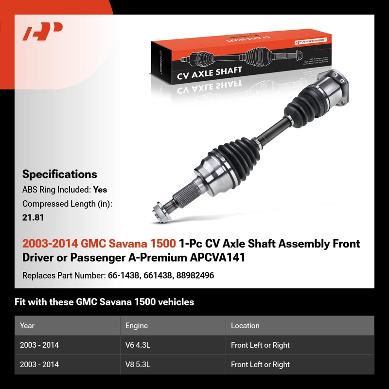 2003-2014 GMC Savana 1500 1-Pc CV Axle Shaft Assembly Front Driver or Passenger A-Premium APCVA141
