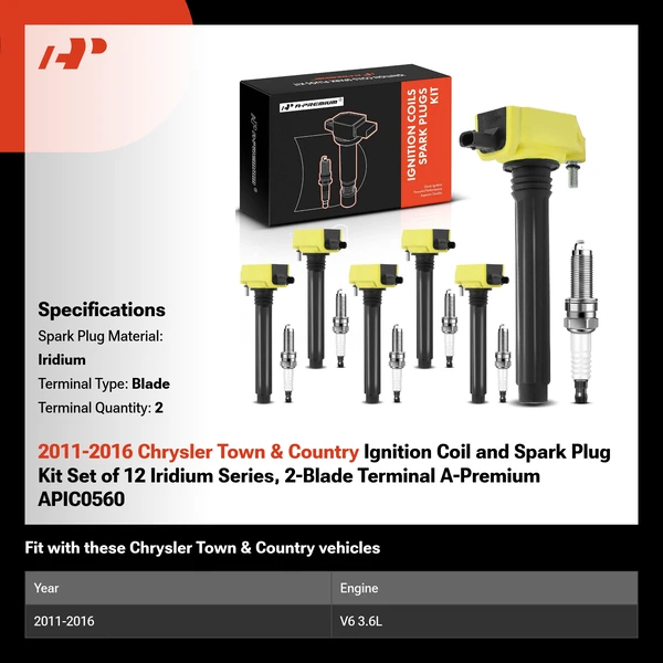 2011-2016 Chrysler Town & Country Ignition Coil and Spark Plug Kit Set of 12 Iridium Series, 2-Blade Terminal A-Premium APIC0560