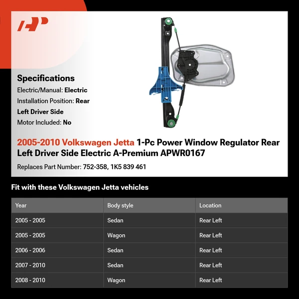 2005-2010 Volkswagen Jetta 1-Pc Power Window Regulator Rear Left Driver Side Electric A-Premium APWR0167